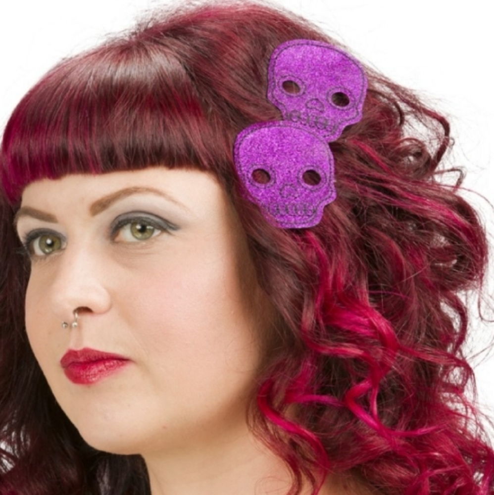 Sourpuss Purple Skull Goulish Glitter 2" x 2.5" Hair Alligator Clips 2pc SET